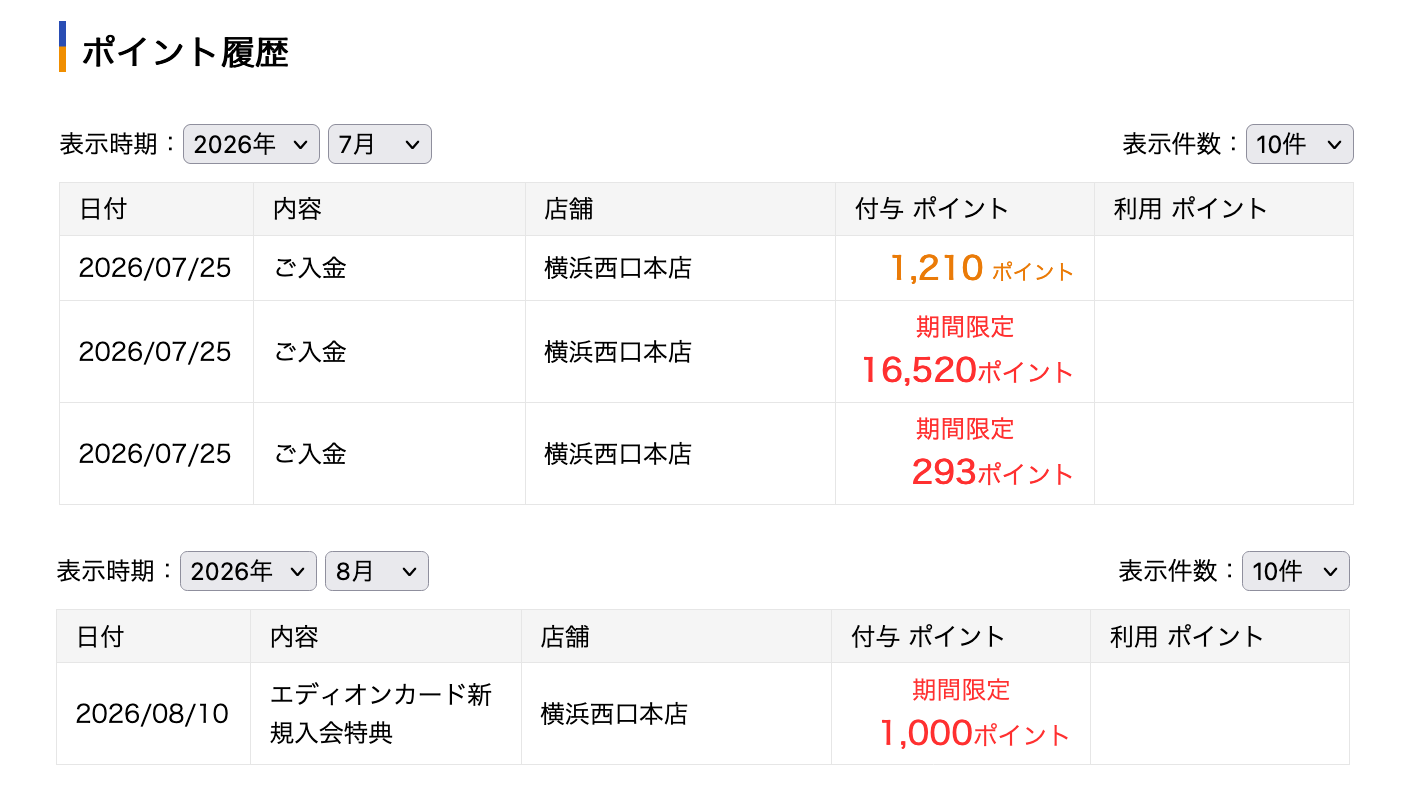 ポイント履歴画面